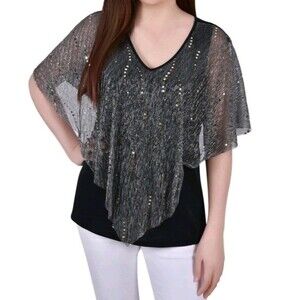 NY Collection Petite Sequin-Front Poncho Top, Black, Silver Gray  PM Mesh Foil